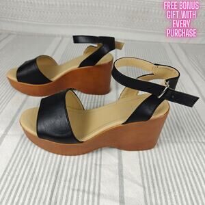 Me Too Black Faux Leather Wedge Sandals Ankle Strap Size 7W / 37 New